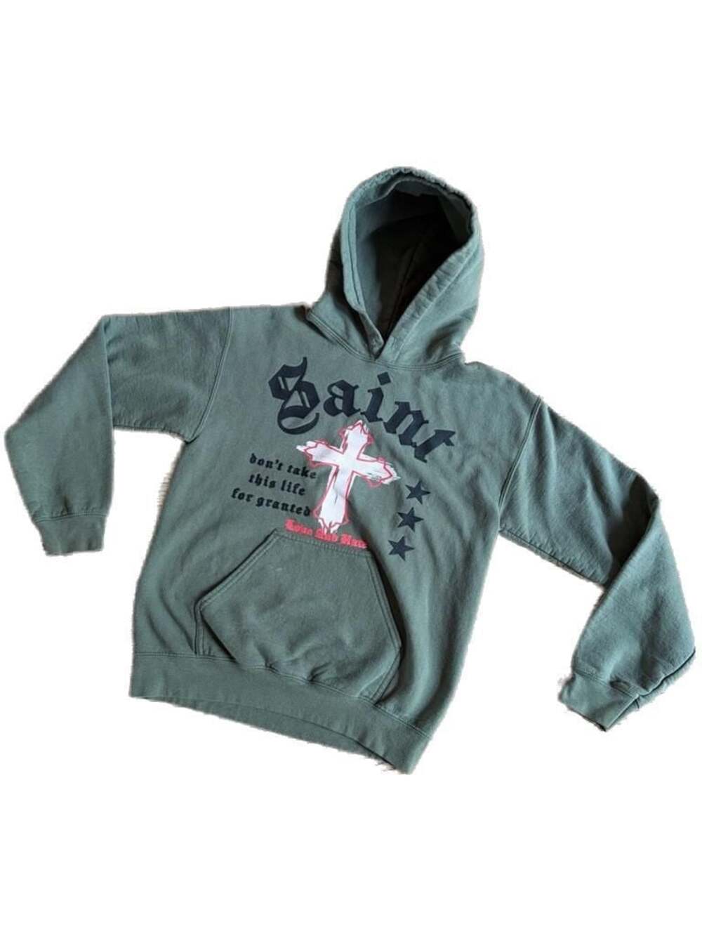Saint Love and Hate Cross Graphic Hoodie Olive Green Sz S